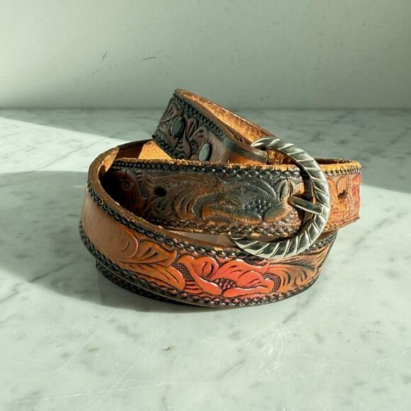 Vintage Tooled Full Grain Leather Belt Western Floral Size 32 - Picture 1 of 5